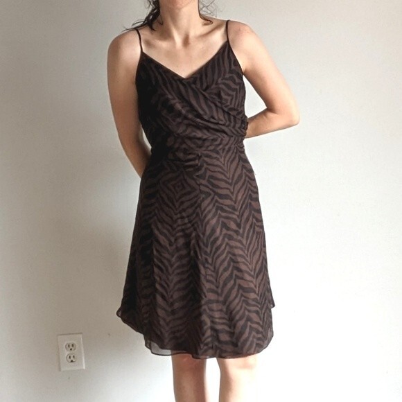 Vintage Talbots Brown Black Zebra Silk Midi Dress - Picture 1 of 7